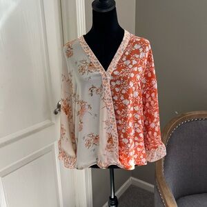 Cato Floral Wrap Blouse - Orange and Cream